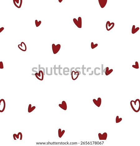 Cute crayon drawn hearts seamless pattern. Red and pink colored doodle rough hearts. Love seamless banner design. Hand drawn vector romantic elements. Scribble doodle wallpaper.