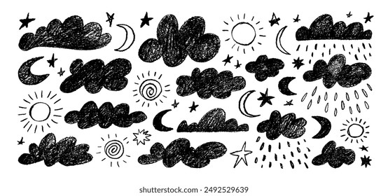 Nette Buntstifte gezeichnet im Stil eines Kindes Wolken, Sonne, Mond, Sterne und Regentropfen. Handgezeichnete Doodle Clouds setzen Kollektion mit Pastelltextur. Verschiedene Stift oder Bleistift kindliche Ikone, Vektorgrafik Wetter grafische Elemente