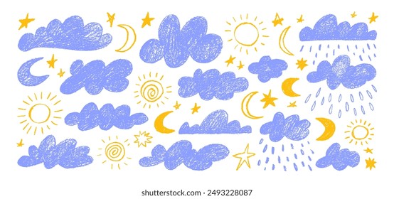 Cute crayon drawn kid's style blue clouds, yellow sun and moon, stars and rain drops. Hand drawn doodle clouds set collection with pastel texture. Various pencil childish icons, weather elements