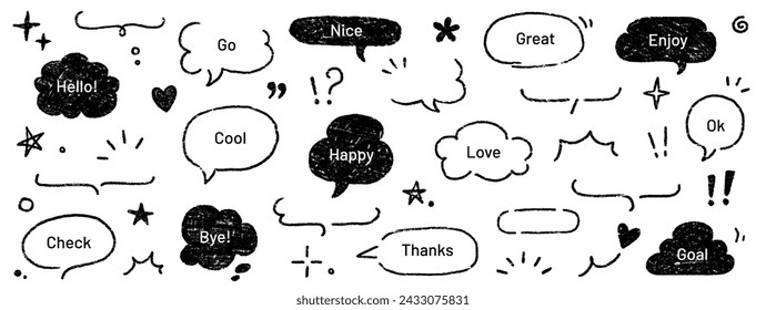 Cute crayon frame speech bubble set. Crayon chalk background speech bubble frame. Hand drawn chalk pencil dialog balloon, japan handwriting doodle text cloud. Vector illustration.