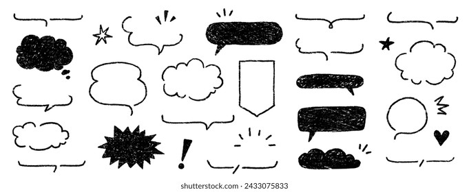 Cute crayon frame speech bubble set. Crayon chalk background speech bubble frame. Hand drawn chalk pencil dialog balloon, japan handwriting doodle text cloud. Vector illustration