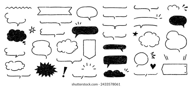 Cute crayon frame speech bubble set. Crayon chalk background speech bubble frame. Hand drawn chalk pencil dialog balloon, japan handwriting doodle text cloud. Vector illustration