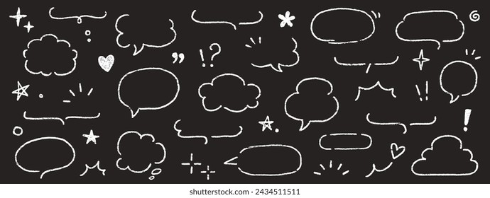 Cute crayon frame speech bubble set. Crayon chalkboard background speech bubble frame. Hand drawn chalk pencil dialog balloon, japan handwriting doodle text cloud. Vector