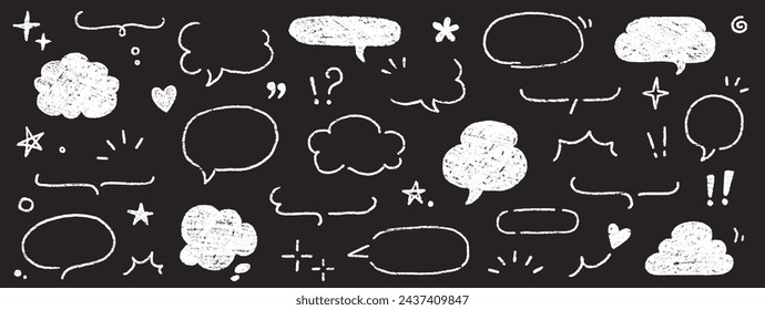 Cute crayon frame speech bubble set. Crayon chalkboard background speech bubble frame. Hand drawn chalk pencil dialog balloon, japan handwriting doodle text cloud. Vector