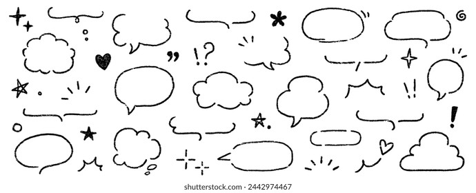 Cute crayon frame speech bubble set. Crayon chalk background speech bubble frame. Hand drawn chalk pencil dialog balloon, japan handwriting doodle text cloud. Vector illustration.