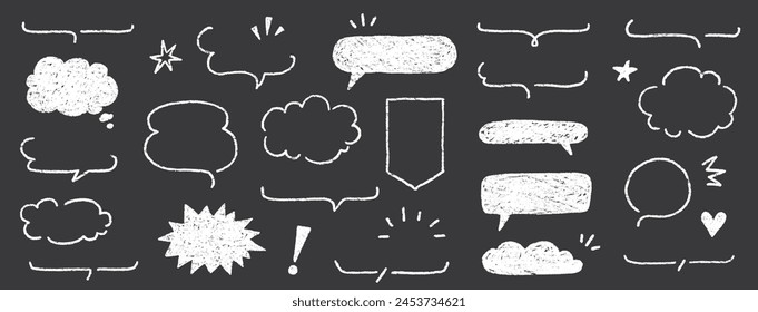 Cute crayon frame speech bubble set. Crayon chalkboard background speech bubble frame. Hand drawn chalk pencil dialog balloon, japan handwriting doodle text cloud. Vector illustration