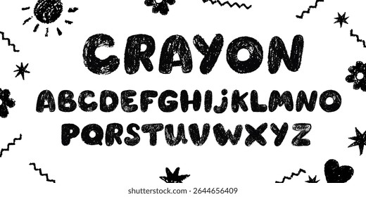 Cartas bonitas desenhadas à mão em giz de cera. Fonte da criança. ABC. Alfabeto escolar com textura de giz. 