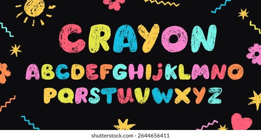 Cartas bonitas desenhadas à mão em giz de cera. Fonte da criança. ABC. Alfabeto escolar com textura de giz. 