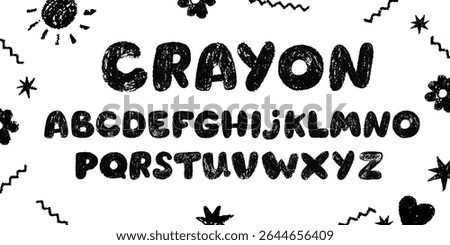 Cute crayon hand drawn letters. Kid font. ABC. School alphabet with chalk texture. 