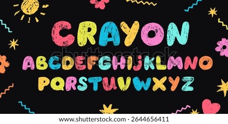 Cute crayon hand drawn letters. Kid font. ABC. School alphabet with chalk texture. 