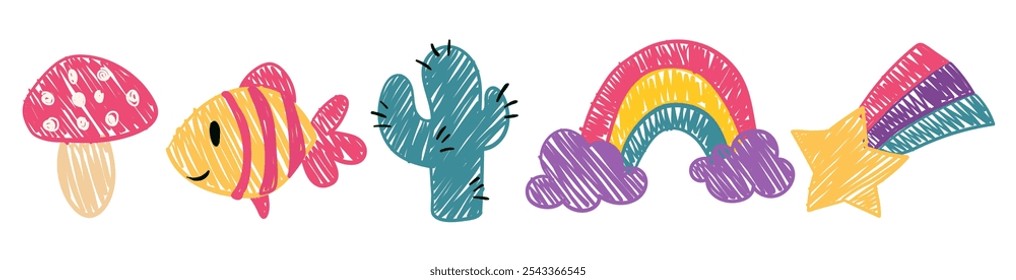 Lindo conjunto de iconos de lápiz, arte de lápiz de cera ingenua, garabatos de niños con setas, peces, cactus, arco iris, estrella que cae. Vector de dibujos animados dibujados a mano bocetos infantiles.