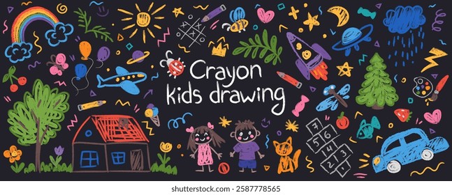 Cute crayon kid illustration. Hand drawn doodle children drawings. Cute kids background for your design, diploma, certificate. Vector cartoon elements on blackboard bg
