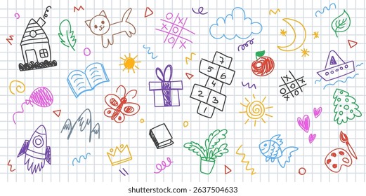 Cute crayon kids illustration. Hand drawn doodle children drawings. Cute kids background for your design, diploma, certificate. Vector cartoon elements on paper bg