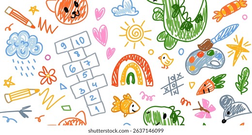 Cute crayon kids seamless pattern. Hand drawn doodle children drawings. Cute kids background for your design, diploma, certificate. Vector cartoon elements on paper bg