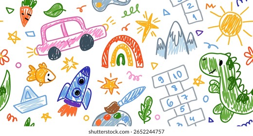 Süße Stift Kinder nahtlose Muster. Handgezeichnete Doodle Kinderzeichnungen. Nette Kinder Hintergrund für Ihr Design, Diplom, Zertifikat. Vektorgrafik-Elemente auf Papiertüte