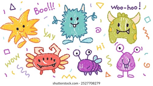 Cute crayon monster set, doodle spooky kids creature, colorful hand drawn pencil illustration. Monster drawing for kids or children notes or cover design