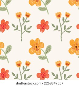 Cute crayon pastel hand drawn flowers for summer pattern design. Seamless retro kids floral pattern design. Perfect for textile, fashion, wrapping, background. Orange and pink flowers with green leave