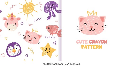 Cute crayon pattern, baby animal illustrations, kids doodle scribbles with cat, fish, unicorn, ater and sun naive wax crayon art. Vector Cartoon hand drawn childish sketches.