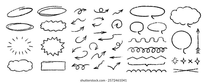 Cute Crayon Pencil Emphasis Squiggles Vector Set. Chalk Scribble Graffiti Arrows Frames Speech Bubbles Underlines. Hand Drawn Brush Texture Star Shapes Highlights. Pencil Childish Charcoal Doodles