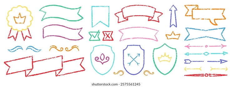 Cute Crayon Pencil Emphasis Squiggles Vector Set. Chalk Scribble Graffiti Arrows Frames Speech Bubbles Underlines. Hand Drawn Brush Texture Flag Shapes Highlights. Pencil Heraldry Charcoal Doodles