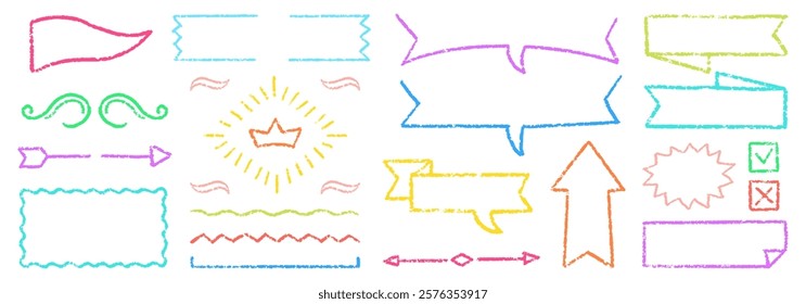 Cute Crayon Pencil Emphasis Squiggles Vector Set. Chalk Scribble Graffiti Arrows Frames Speech Bubbles Underlines. Hand Drawn Brush Texture Flag Shapes Highlights. Pencil Heraldry Charcoal Doodles