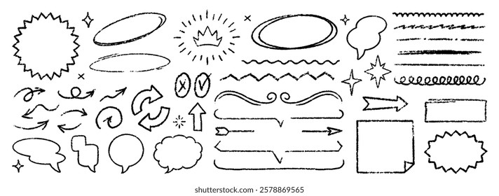 Cute Crayon Pencil Emphasis Squiggles Vector Set. Chalk Scribble Graffiti Arrows Frames Speech Bubbles Underlines. Hand Drawn Brush Texture Star Shapes Highlights. Pencil Childish Charcoal Doodles