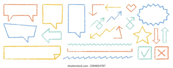 Cute Crayon Pencil Emphasis Squiggles Vector Set. Chalk Scribble Graffiti Arrows Frames Speech Bubbles Underlines. Hand Drawn Brush Texture Star Shapes Highlights. Pencil Childish Charcoal Doodles