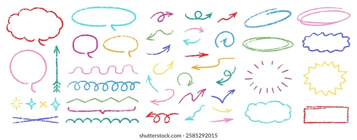 Cute Crayon Pencil Emphasis Squiggles Vector Set. Chalk Scribble Graffiti Arrows Frames Speech Bubbles Underlines. Hand Drawn Brush Texture Star Shapes Highlights. Pencil Childish Charcoal Doodles