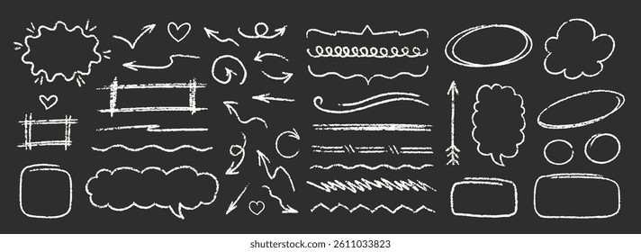 Cute Crayon Pencil Emphasis Squiggles Vector Set. Chalk Scribble Graffiti Arrows Frames Speech Bubbles Underlines. Hand Drawn Brush Texture Star Shapes Highlights. Pencil Childish Charcoal Doodles