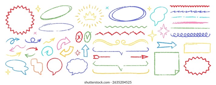 Cute Crayon Pencil Emphasis Squiggles Vector Set. Chalk Scribble Graffiti Arrows Frames Speech Bubbles Underlines. Hand Drawn Brush Texture Star Shapes Highlights. Pencil Childish Charcoal Doodles