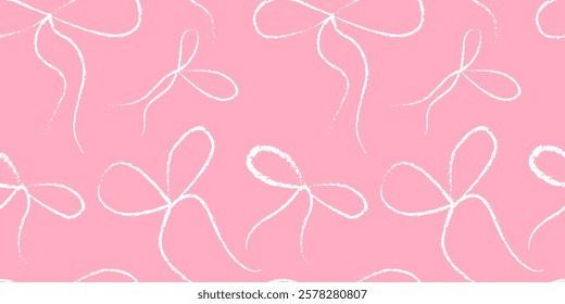 Cute crayon ribbon bow drawing design. Pink y2k repeat chalk pencil ballet tie pattern with childish scribble texture. Flirt band with girly aesthetic pastel line art seamless panorama wallpaper