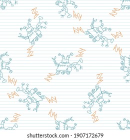 Cute crayon robot scribble kid doodle background. Hand drawn earthy whimsical motif seamless pattern. Naive mechanical character cartoon for minimal baby nursery decor. Neutral scandi style unisex.