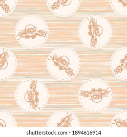 Cute crayon scribble car kid doodle background. Hand drawn earthy whimsical motif seamless pattern. Naive simple character cartoon for minimal baby nursery decor. Neutral scandi style unisex print