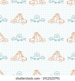 Cute crayon scribble car kid doodle background. Hand drawn earthy whimsical motif seamless pattern. Naive simple character cartoon for minimal baby nursery decor. Neutral scandi style unisex print