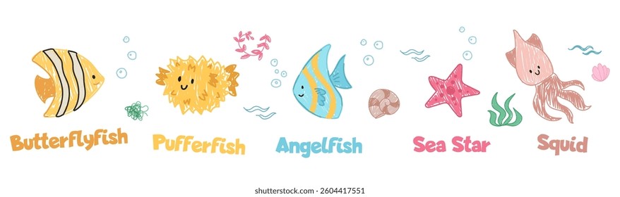 Cute crayon sea animals drawings for stickers and icons for children designs. Kids style hand drawn illustration. Vector collection for poster or printing