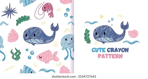 Cute crayon sea pattern, baby animal ocean illustrations, kids doodle scribbles with whale, fish, jellyfish, shrimp naive wax crayon art. Vector Cartoon hand drawn childish sketches.