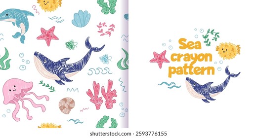 Cute crayon sea pattern, baby animal ocean illustrations, kids doodle scribbles with whale, fish, jellyfish, shrimp naive wax crayon art. Vector Cartoon hand drawn childish sketches