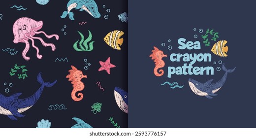 Cute crayon sea pattern, baby animal ocean illustrations, kids doodle scribbles with whale, fish, jellyfish, shrimp naive wax crayon art. Vector Cartoon hand drawn childish sketches