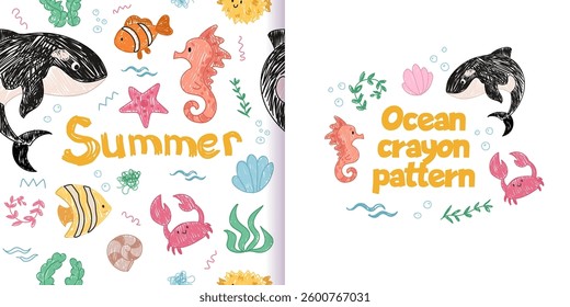 Cute crayon sea pattern, baby animal ocean illustrations, kids doodle scribbles with whale, fish, jellyfish, shrimp naive wax crayon art. Vector Cartoon hand drawn childish sketches