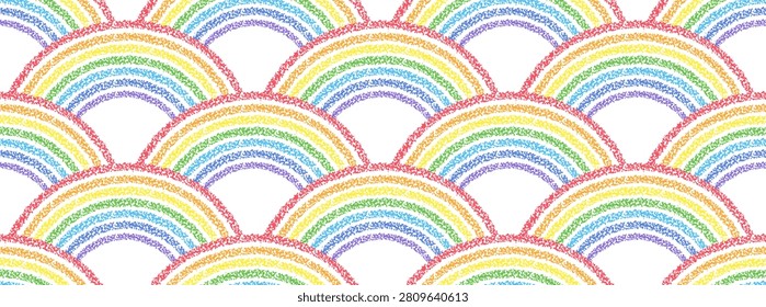 Cute crayon seamless pattern with rainbow arches. Abstract background with colorful scallop ornament. Rainbow seamless pattern, vector illustration