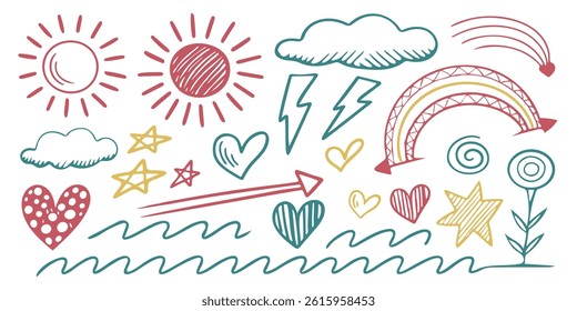 Cute Crayon Sketches of Stars, Hearts, and Rainbows
