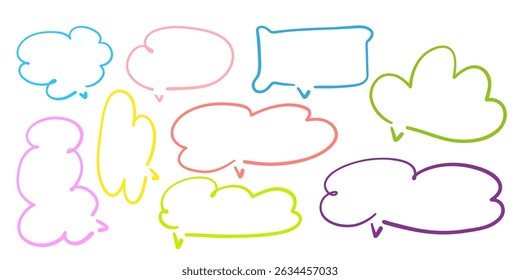 Cute crayon speech bubble frames set with hand-drawn chalk and pencil style. Colorful doodle dialog balloons perfect for children’s designs, comics, messages, and playful illustrations.