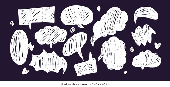 Bolha de fala de giz de cera bonito em estilo doodle. Balões de giz desenhados à mão para dialogar, conversar e conversar. Quadros de esboço funky, nuvens de lápis colorido e formas geométricas. Ilustração vetorial