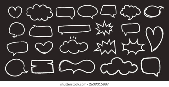Cute crayon speech bubble set in doodle style. Hand drawn chalk balloons for dialog, talk, and chat. Funky sketch frames, colorful pencil clouds, and geometric shapes. Vector illustration