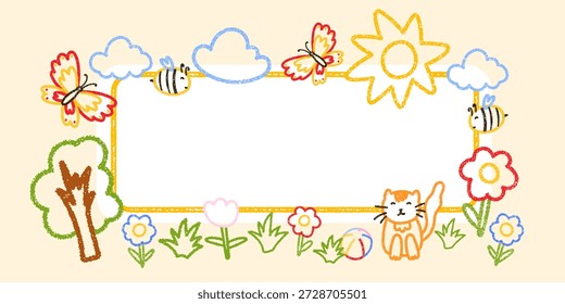 Cute crayon square frame of flower, cat, tree, cloud, sun illustrarion. Designed for kindergarten templates, kids birthday banners, and cheerful preschool graphics.