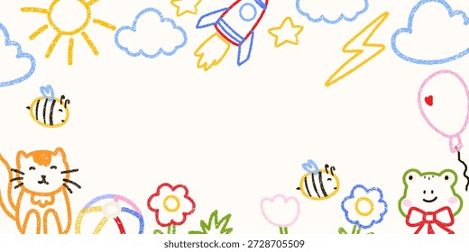 Cute crayon square frame of flower, cat, tree, cloud, sun illustrarion. Designed for kindergarten templates, kids birthday banners, and cheerful preschool graphics.