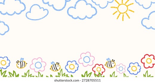 Cute crayon square frame of flower, cloud, sun illustrarion. Designed for kindergarten templates, kids birthday banners, and cheerful preschool graphics.