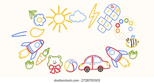 Netter Buntstift quadratischen Rahmen des Kindergartens Zeichnung, Frosch, Auto, Rakete, Wolke, Sonne Illustration. Entwickelt für Kindergartenvorlagen, Kindergeburtstagsbanner und fröhliche Vorschulgrafiken.