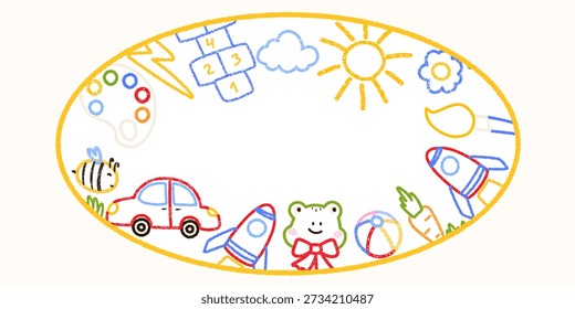 Cute crayon square frame of kindergarten drawing, frog, car, rocket, cloud, sun, flower. Designed for kindergarten templates, kids birthday banners, cheerful preschool graphics.
