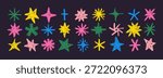 Cute Crayon Star and Asterisk Icons Set. Vector Hand Drawn Doodle Line Starburst Shapes in Colorful in Black Background. Charcoal Sparkle Elements in Kids Style for Collages, Patterns and Sticker.